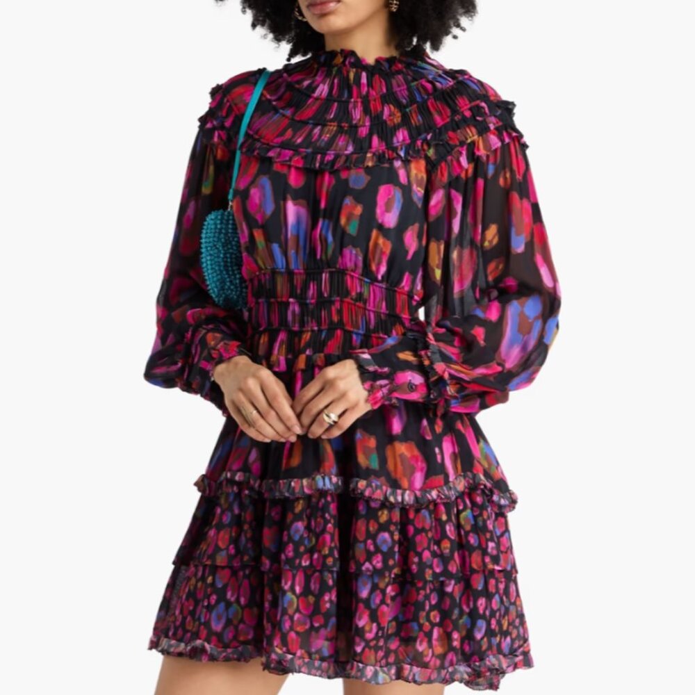 Farm Rio Black Iridescent Leopards Ruffle Mini Dress